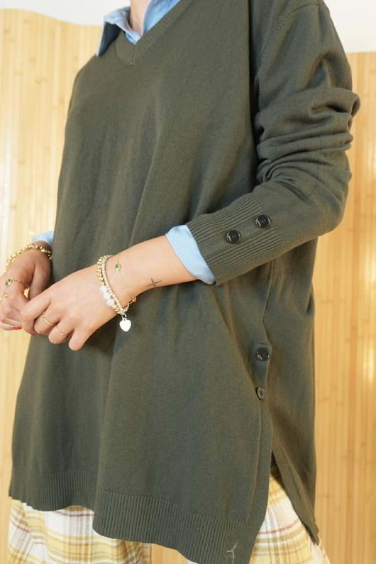 Elodie V Neck Button Knit Deep Khaki